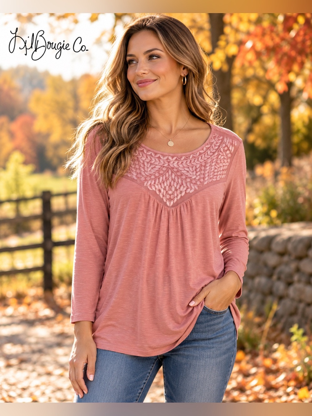 Valerie Stevens Women’s M Dusty Rose Embroidered Mesh Yoke 3/4 Sleeve Boho Top